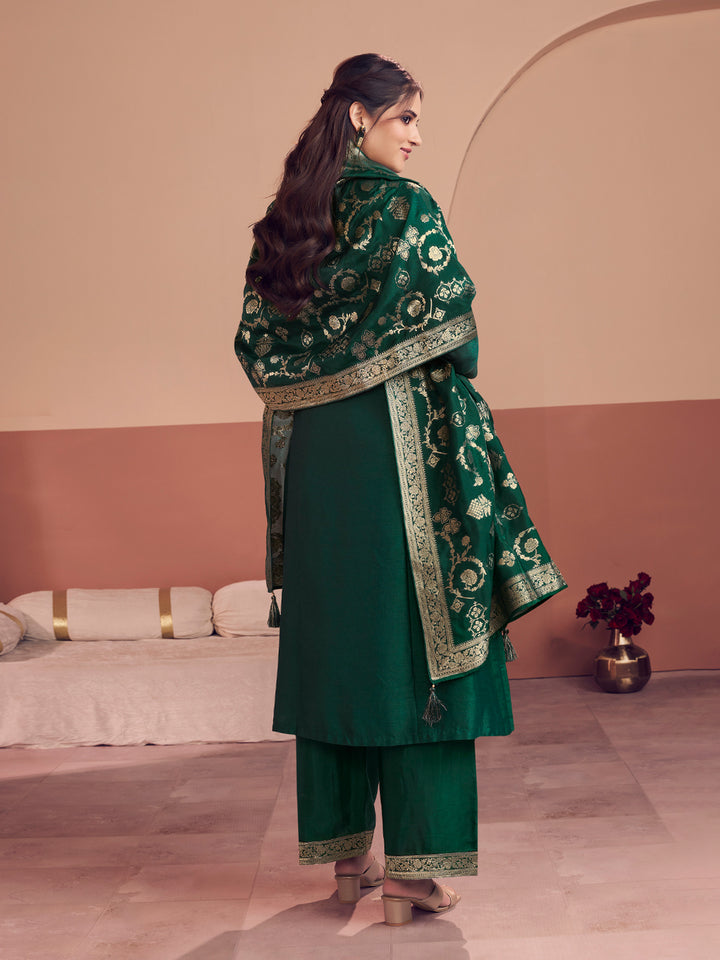 Green Embroidery A-Line Kurta With Palazzo And Jacquaed Dupatta
