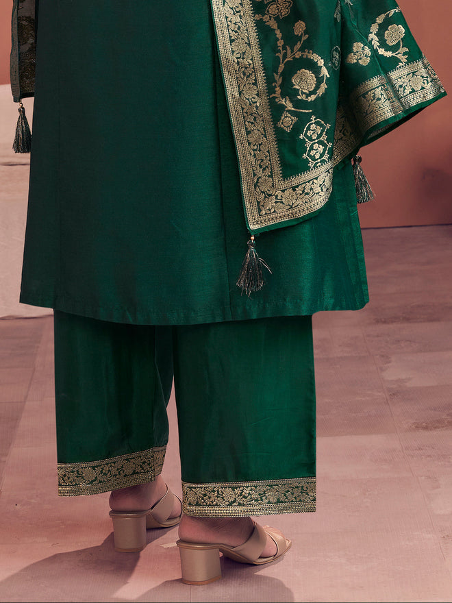 Green Embroidered A-Line Kurta Set with Palazzo and Jacquard Dupatta
