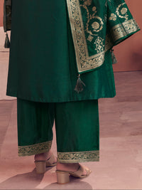Green Embroidered A-Line Kurta Set with Palazzo and Jacquard Dupatta