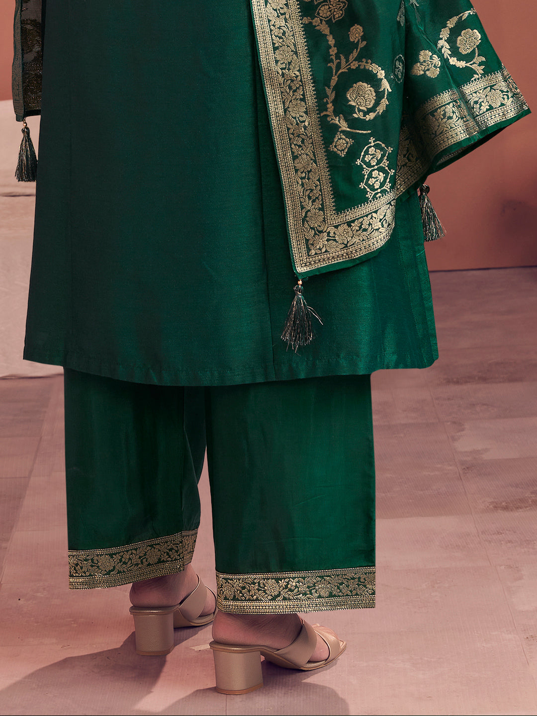 Green Embroidered A-Line Kurta Set with Palazzo and Jacquard Dupatta