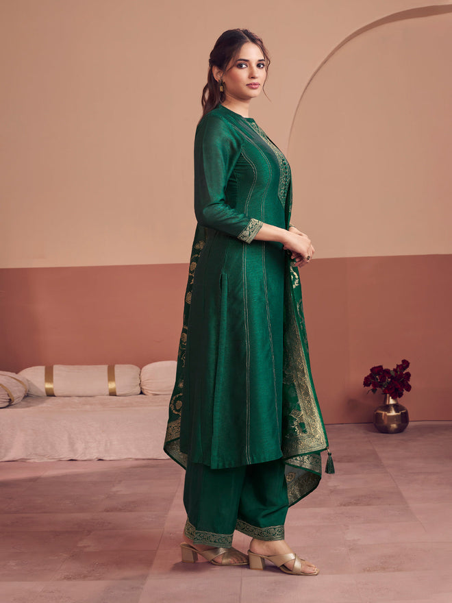 Green Embroidered A-Line Kurta Set with Palazzo and Jacquard Dupatta