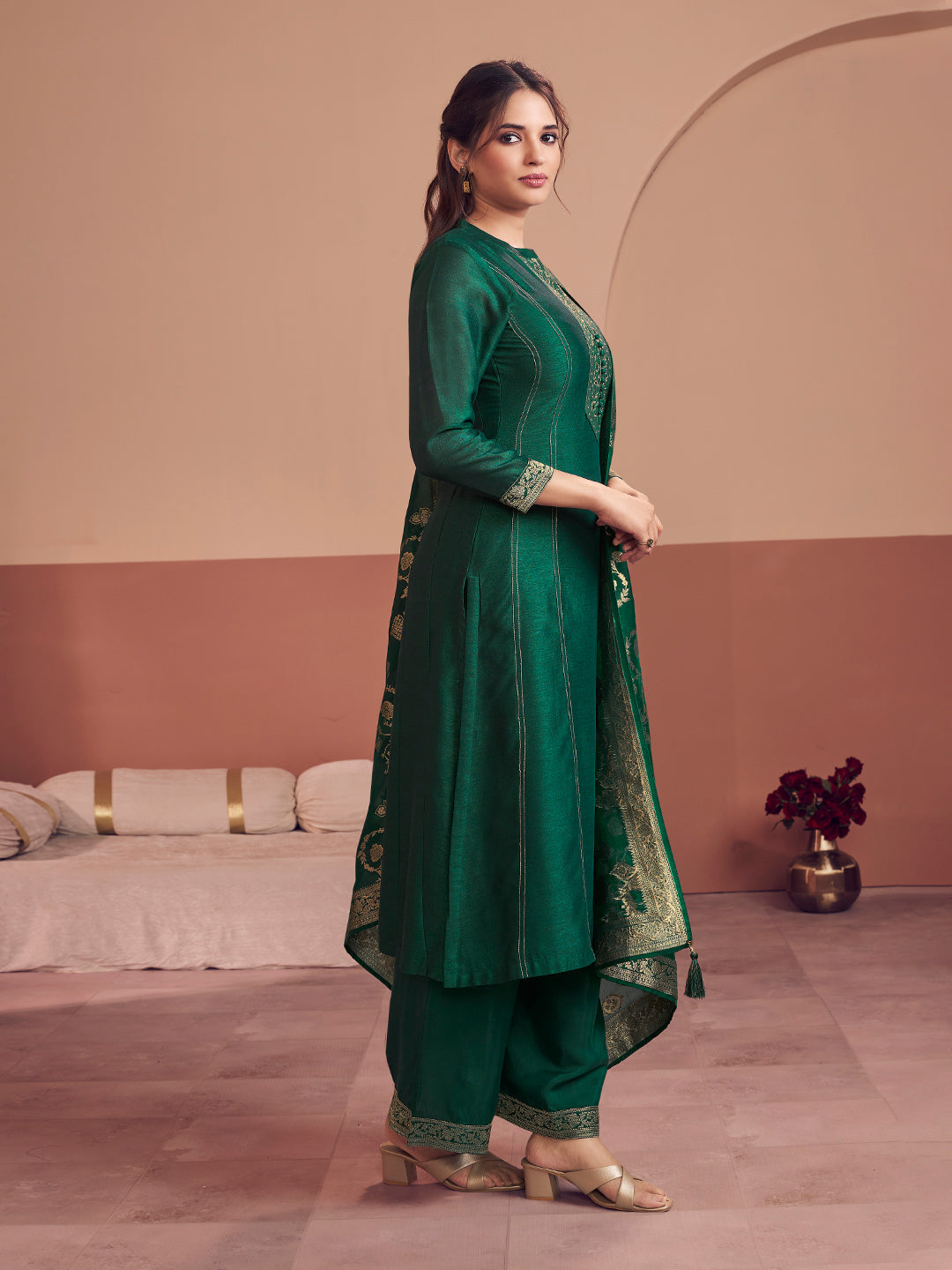 Green Embroidered A-Line Kurta Set with Palazzo and Jacquard Dupatta