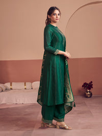 Green Embroidered A-Line Kurta Set with Palazzo and Jacquard Dupatta