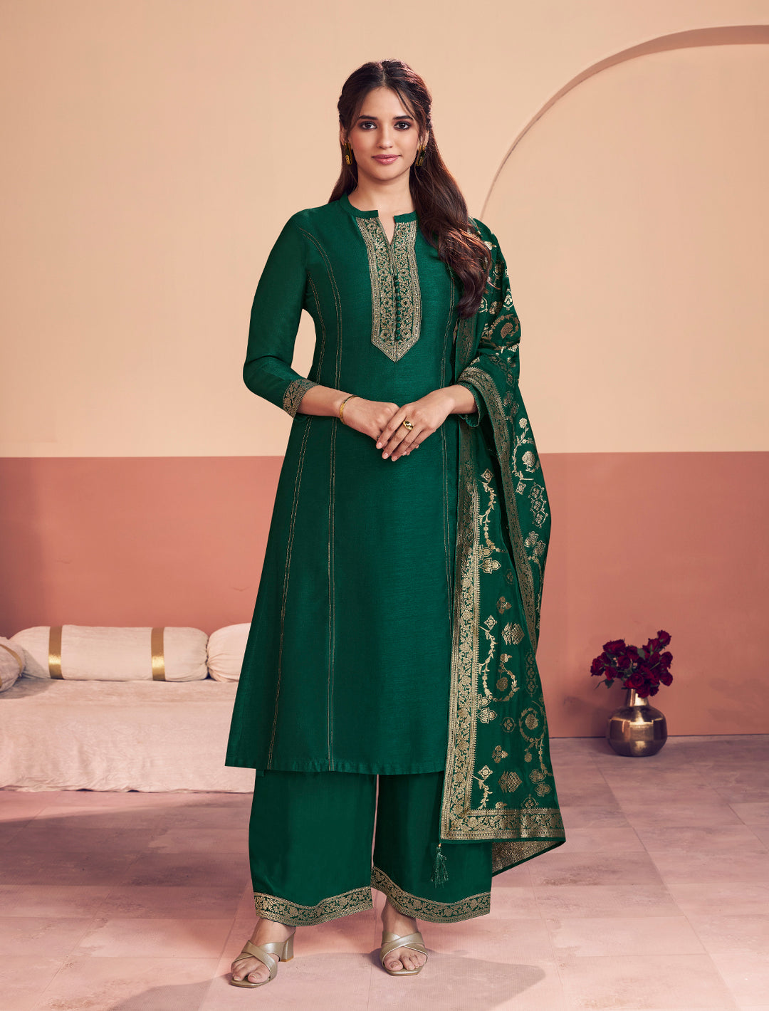 Green Embroidery A-Line Kurta With Palazzo And Jacquaed Dupatta