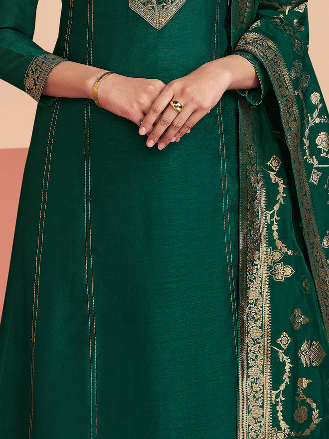 Green Embroidered A-Line Kurta Set with Palazzo and Jacquard Dupatta