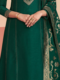 Green Embroidered A-Line Kurta Set with Palazzo and Jacquard Dupatta