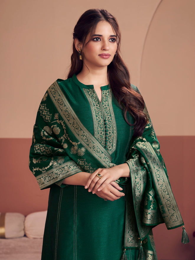 Green Embroidered A-Line Kurta Set with Palazzo and Jacquard Dupatta