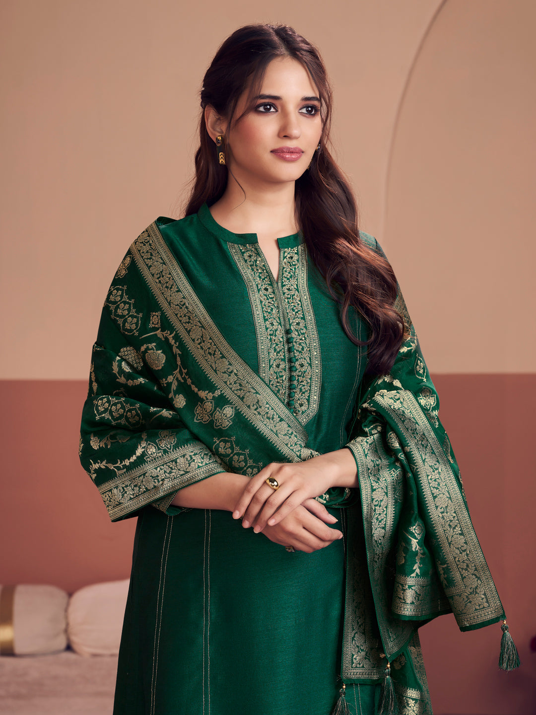 Green Embroidered A-Line Kurta Set with Palazzo and Jacquard Dupatta