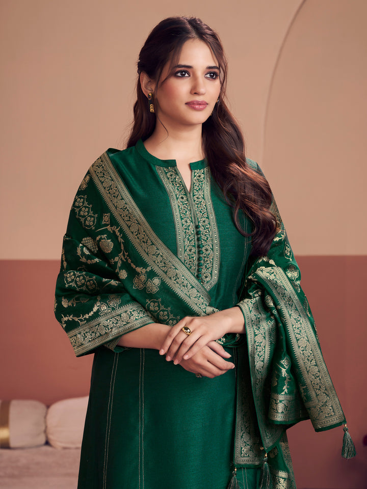 Green Embroidery A-Line Kurta With Palazzo And Jacquaed Dupatta