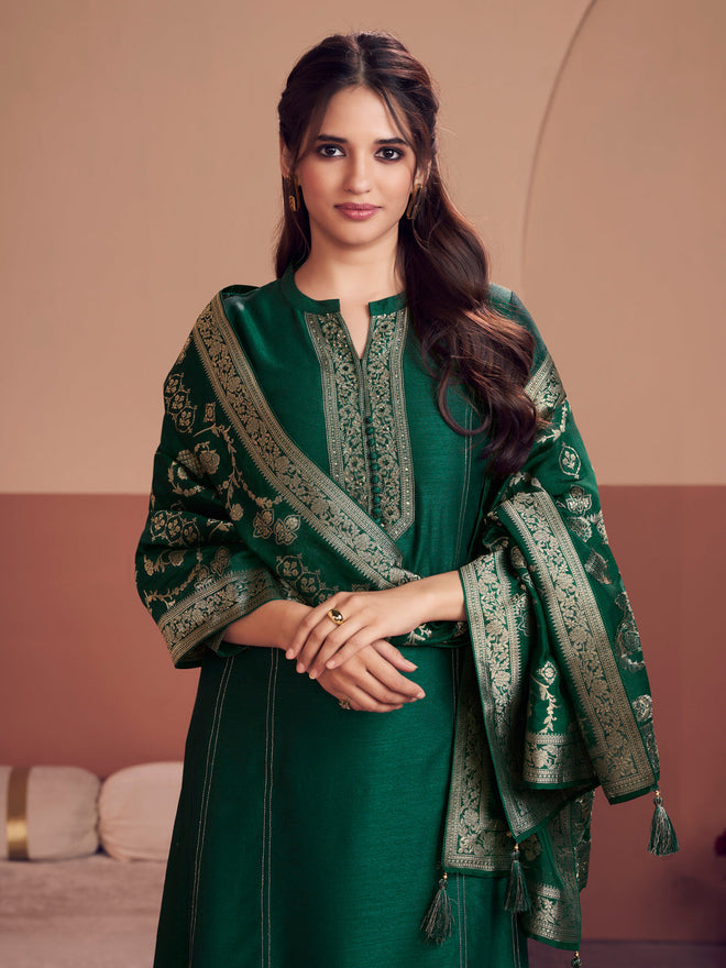 Green Embroidered A-Line Kurta Set with Palazzo and Jacquard Dupatta