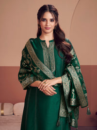Green Embroidered A-Line Kurta Set with Palazzo and Jacquard Dupatta