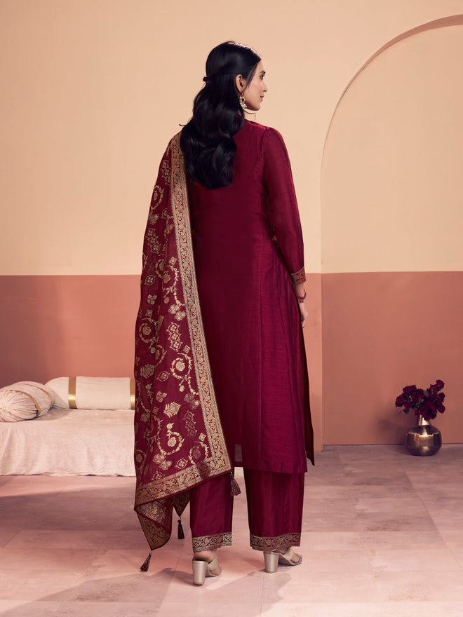Maroon Embroidered A-Line Kurta Set with Dyed Trousers and Jacquard Dupatta