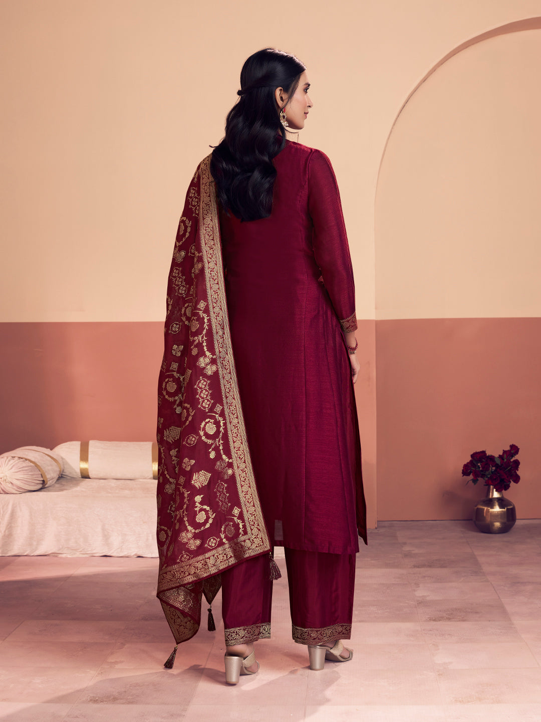 Maroon Embroidered A-Line Kurta Set with Dyed Trousers and Jacquard Dupatta