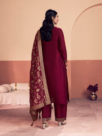 Maroon Embroidered A-Line Kurta Set with Dyed Trousers and Jacquard Dupatta