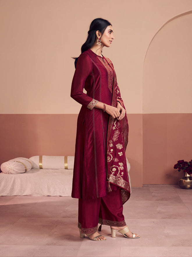 Maroon Embroidered A-Line Kurta Set with Dyed Trousers and Jacquard Dupatta