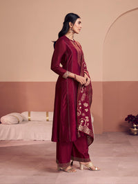 Maroon Embroidered A-Line Kurta Set with Dyed Trousers and Jacquard Dupatta