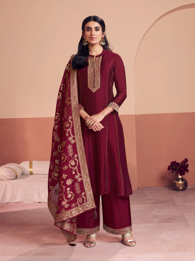 Maroon Embroidered A-Line Kurta Set with Dyed Trousers and Jacquard Dupatta