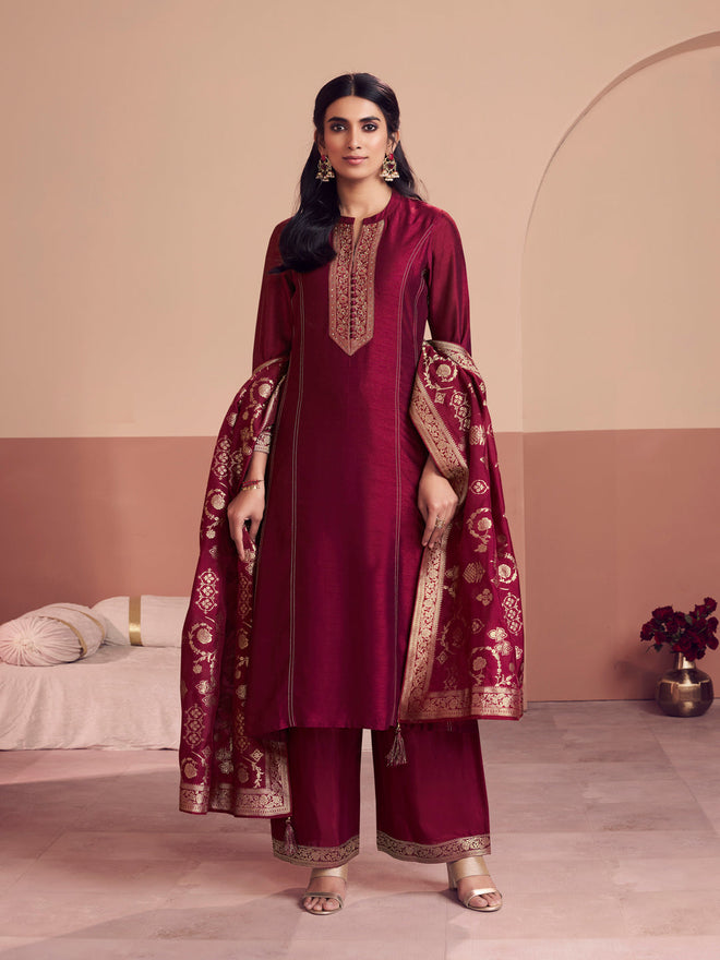Maroon Embroidered A-Line Kurta Set with Dyed Trousers and Jacquard Dupatta