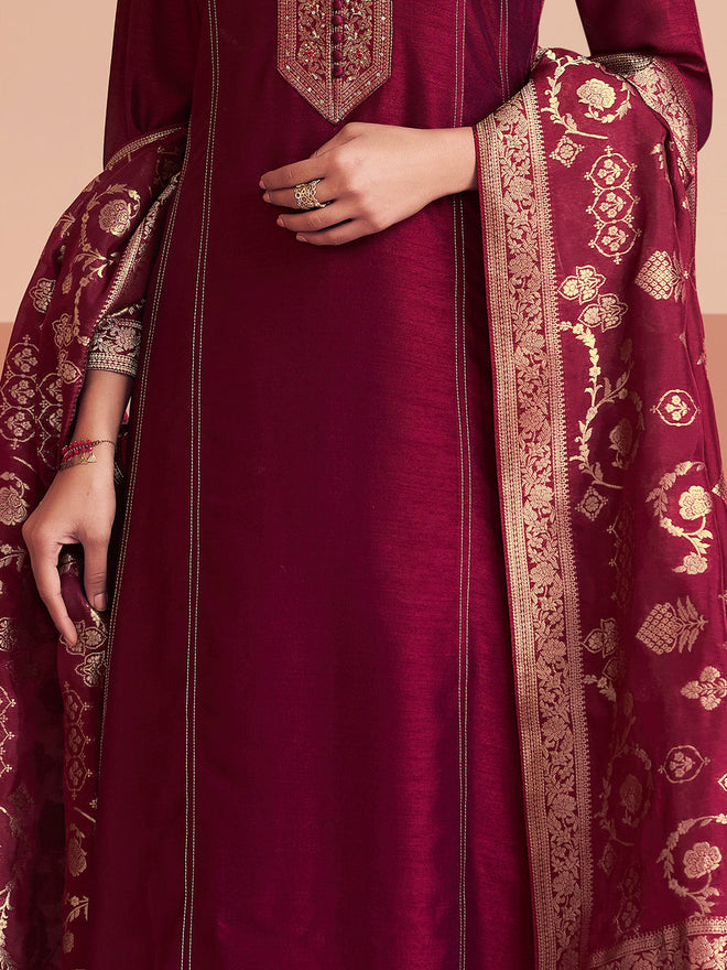 Maroon Embroidered A-Line Kurta Set with Dyed Trousers and Jacquard Dupatta