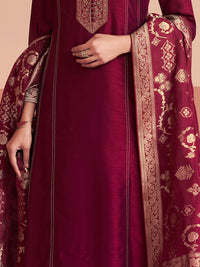 Maroon Embroidered A-Line Kurta Set with Dyed Trousers and Jacquard Dupatta