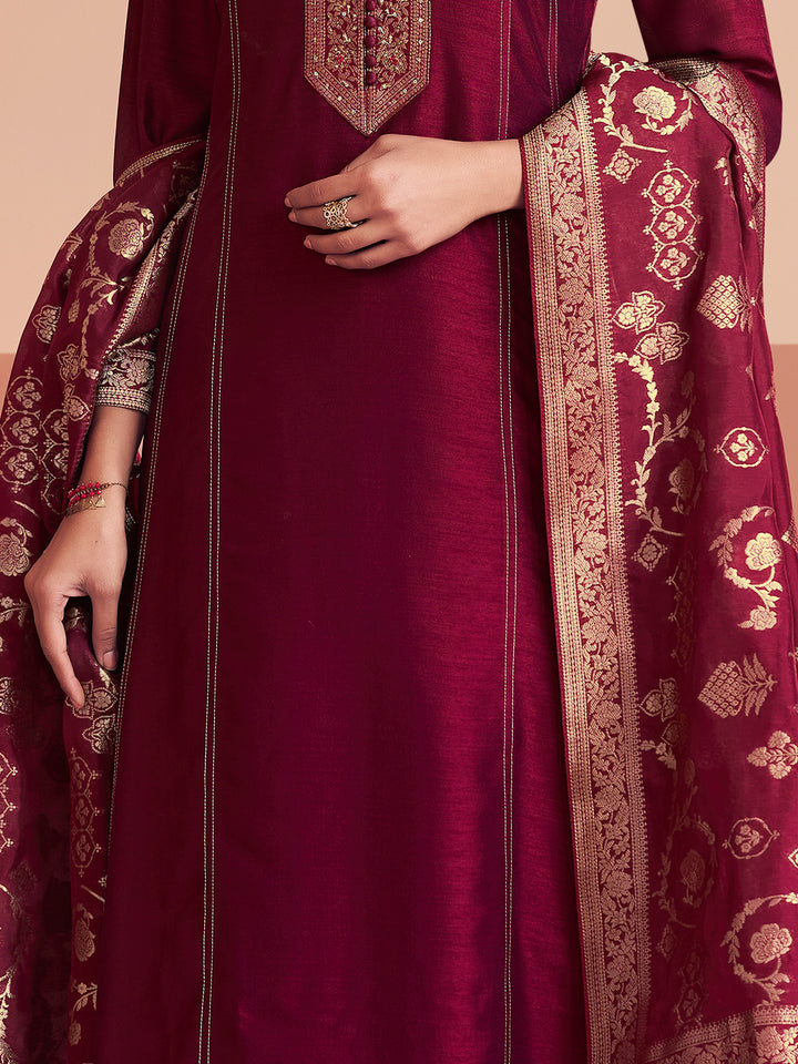 Maroon Embroidery A-Line Palazzo With Dyed Trousers And Jacquaed Dupatta