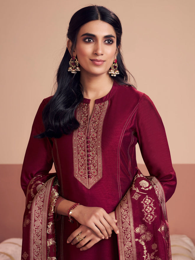 Maroon Embroidered A-Line Kurta Set with Dyed Trousers and Jacquard Dupatta