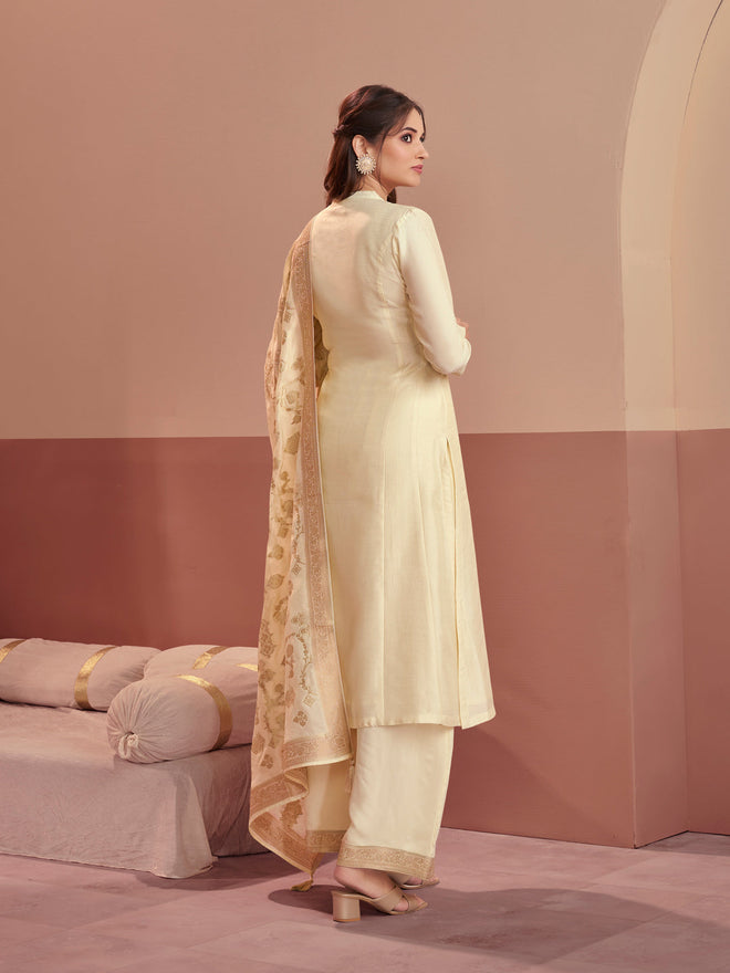 Off-White Embroidered A-Line Kurta Set with Palazzo and Jacquard Dupatta