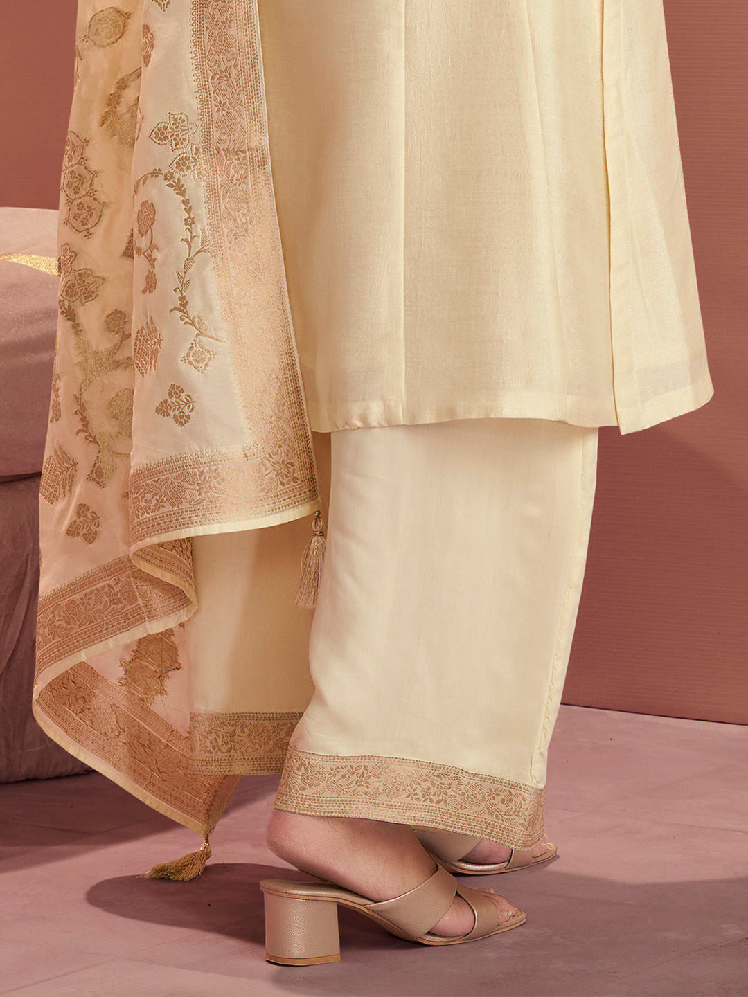 Off-White Embroidery A-Line Kurta With Palazzo And Jacquaed Dupatta