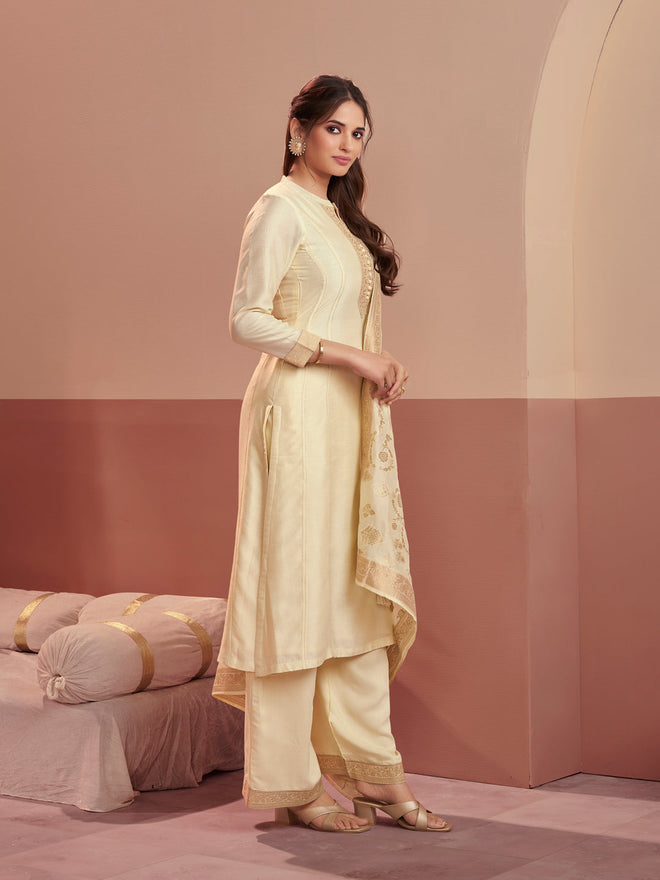 Off-White Embroidered A-Line Kurta Set with Palazzo and Jacquard Dupatta