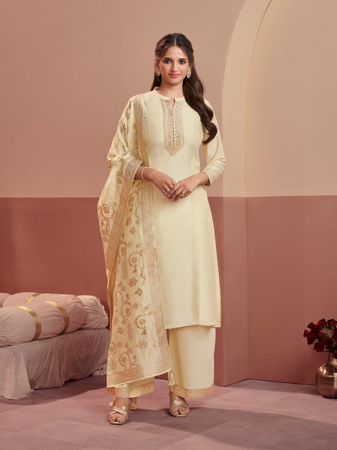 Off-White Embroidery A-Line Kurta With Palazzo And Jacquaed Dupatta