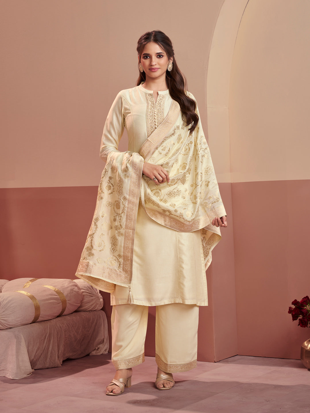 Off-White Embroidery A-Line Kurta With Palazzo And Jacquaed Dupatta