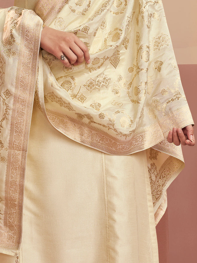 Off-White Embroidered A-Line Kurta Set with Palazzo and Jacquard Dupatta