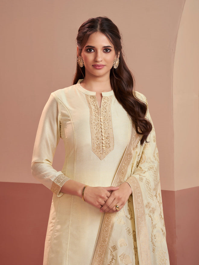 Off-White Embroidered A-Line Kurta Set with Palazzo and Jacquard Dupatta