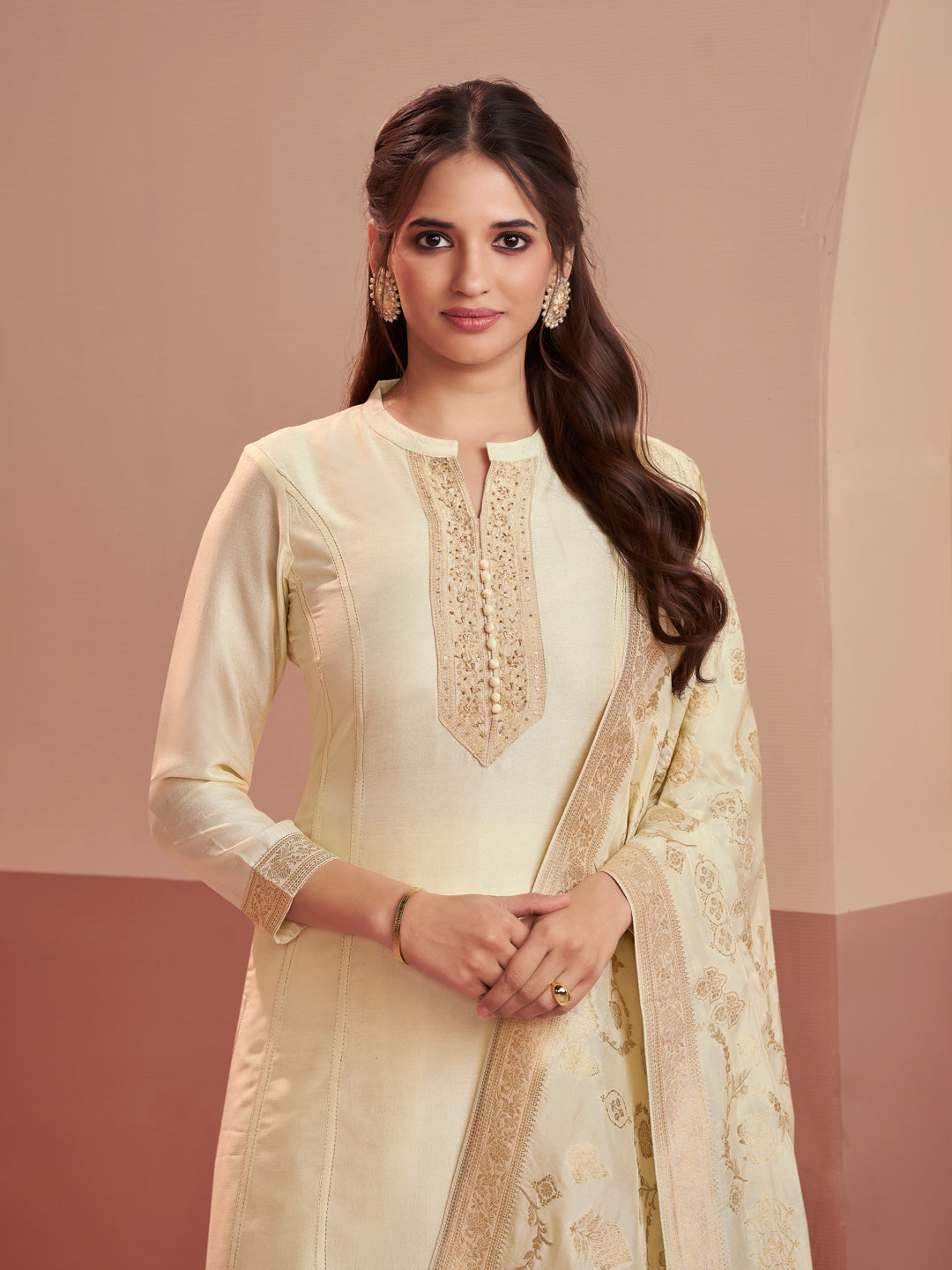 Off-White Embroidered A-Line Kurta Set with Palazzo and Jacquard Dupatta