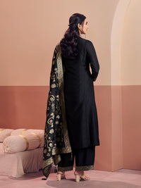 Black Embroidered A-Line Kurta Set with Dyed Trousers and Jacquard Dupatta
