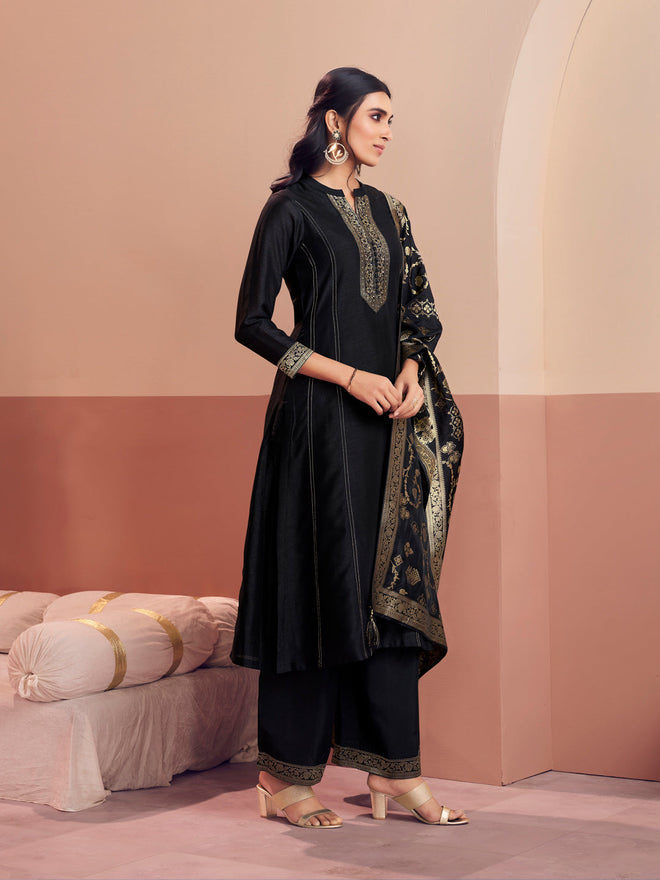Black Embroidered A-Line Kurta Set with Dyed Trousers and Jacquard Dupatta