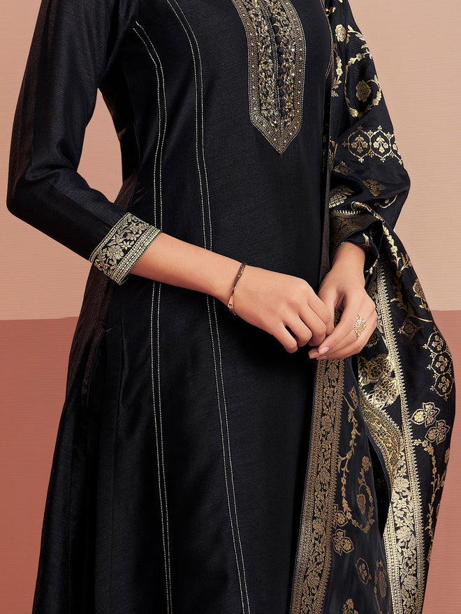 Black Embroidered A-Line Kurta Set with Dyed Trousers and Jacquard Dupatta