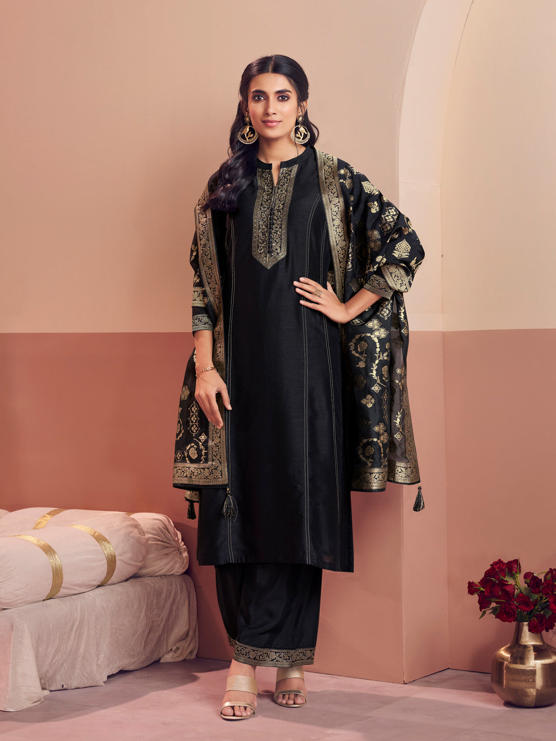 Black Embroidery A-Line Kurta With Palazzo And Jacquaed Dupatta
