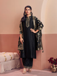 Black Embroidered A-Line Kurta Set with Dyed Trousers and Jacquard Dupatta