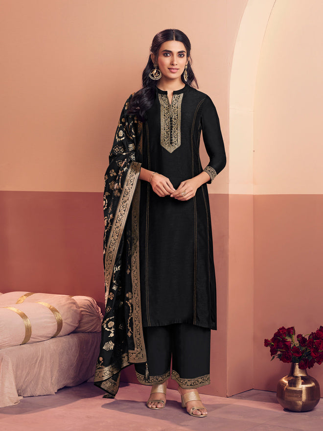 Black Embroidered A-Line Kurta Set with Dyed Trousers and Jacquard Dupatta