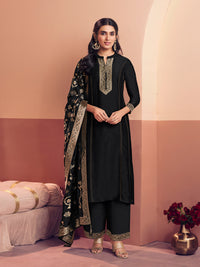 Black Embroidered A-Line Kurta Set with Dyed Trousers and Jacquard Dupatta
