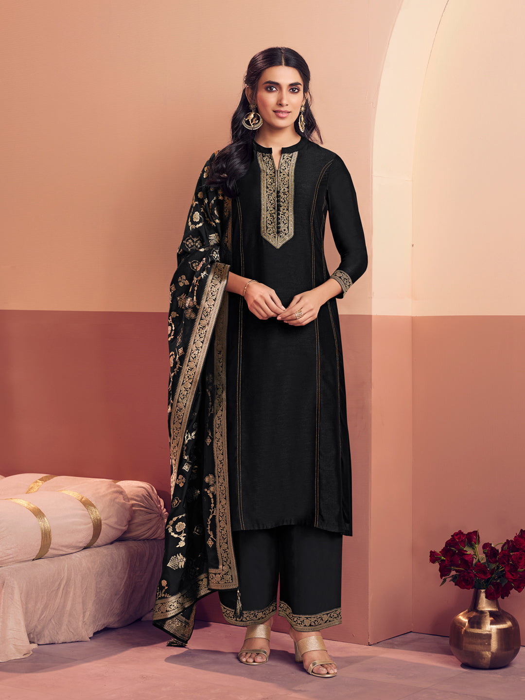 Black Embroidered A-Line Kurta Set with Dyed Trousers and Jacquard Dupatta