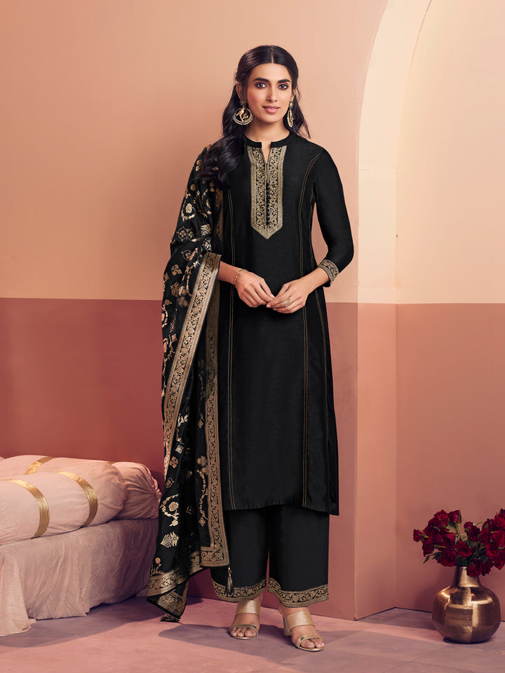 Black Embroidery A-Line Kurta With Palazzo And Jacquaed Dupatta
