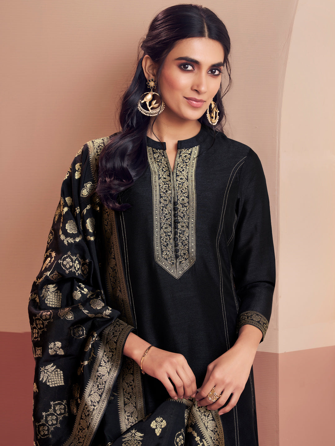 Black Embroidery A-Line Kurta With Palazzo And Jacquaed Dupatta