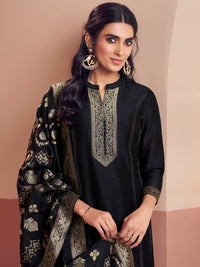 Black Embroidered A-Line Kurta Set with Dyed Trousers and Jacquard Dupatta