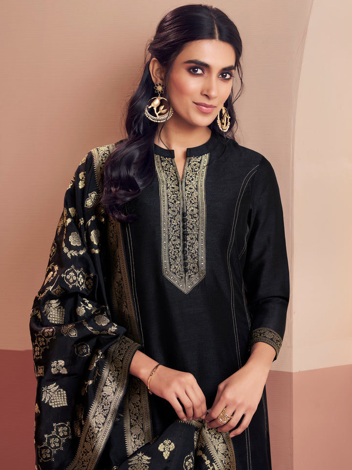 Black Embroidery A-Line Kurta With Palazzo And Jacquaed Dupatta