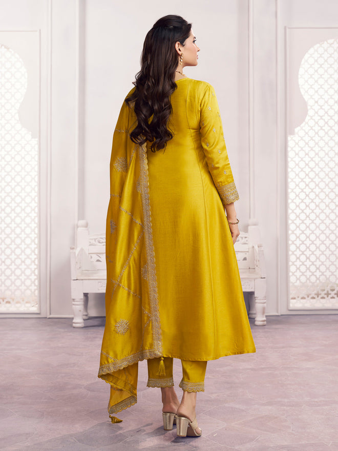 Yellow Embroidery A-Line Kurta With Dyed Trousers And Embroidery Dupatta