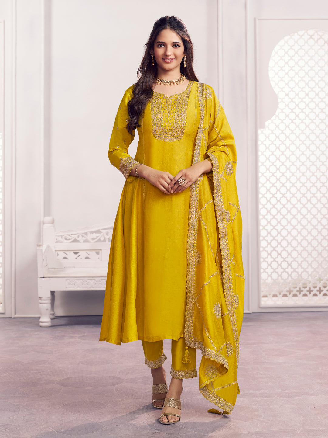 Yellow Embroidery A-Line Kurta With Dyed Trousers And Embroidery Dupatta