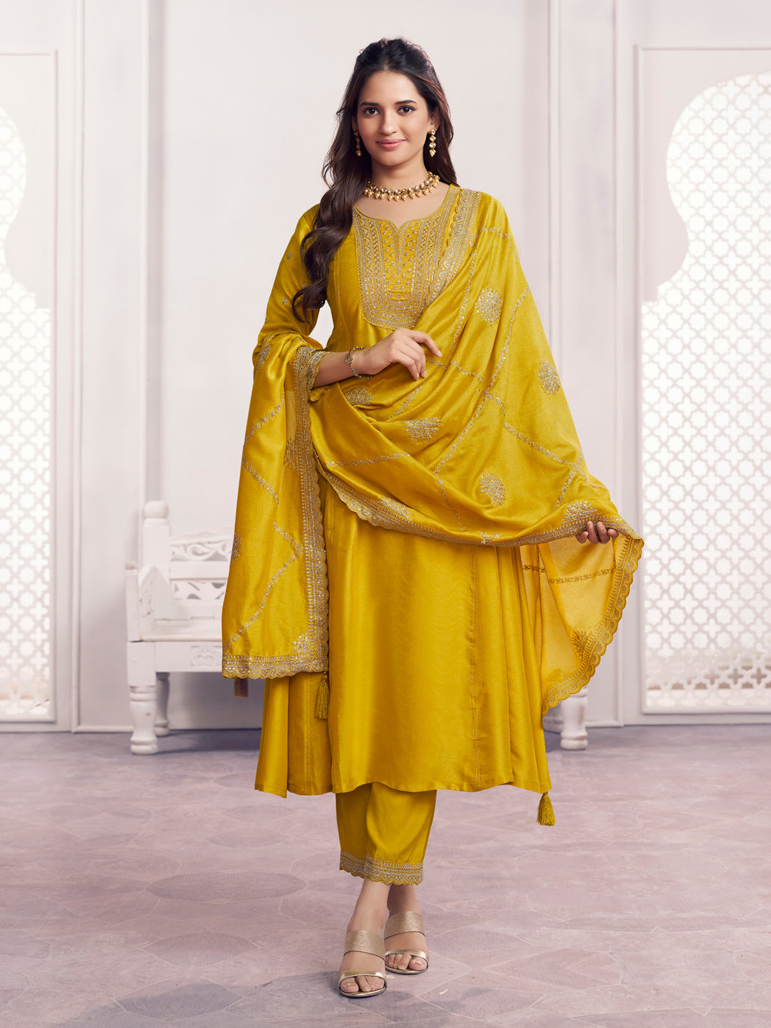 Yellow Embroidery A-Line Kurta With Dyed Trousers And Embroidery Dupatta