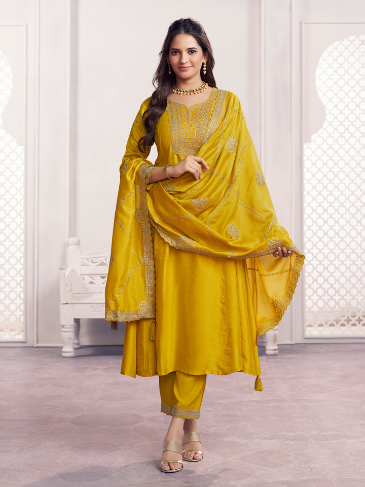 Yellow Embroidery A-Line Kurta With Dyed Trousers And Embroidery Dupatta